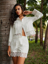 Anewsta Anewsta Hollow Out Lace Plaid Trim Loose Fit Top And Shorts Set, Vacation Style